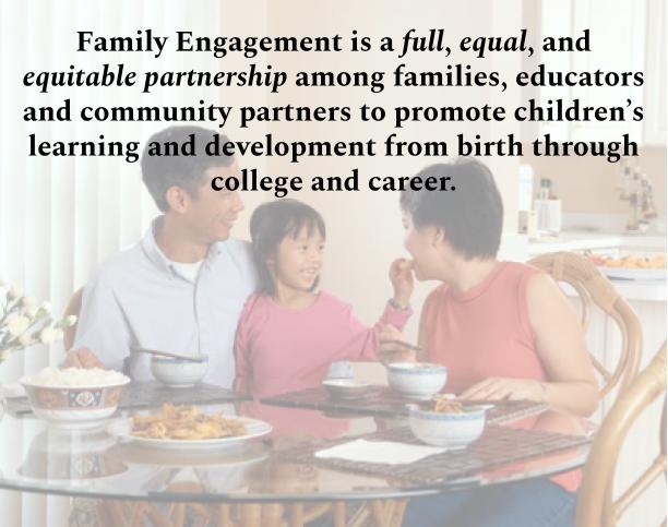 family engagement is a full, equal and equitable partnership among families, educators and community partners to promote children's learning and development from birth through college and career