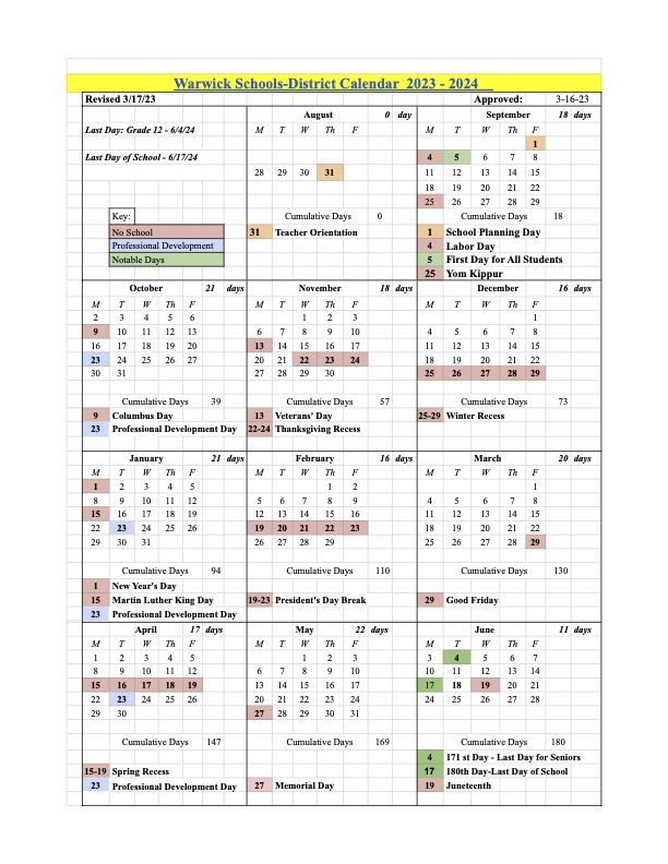 Warwick Public Schools Calendar 2023 and 2024
