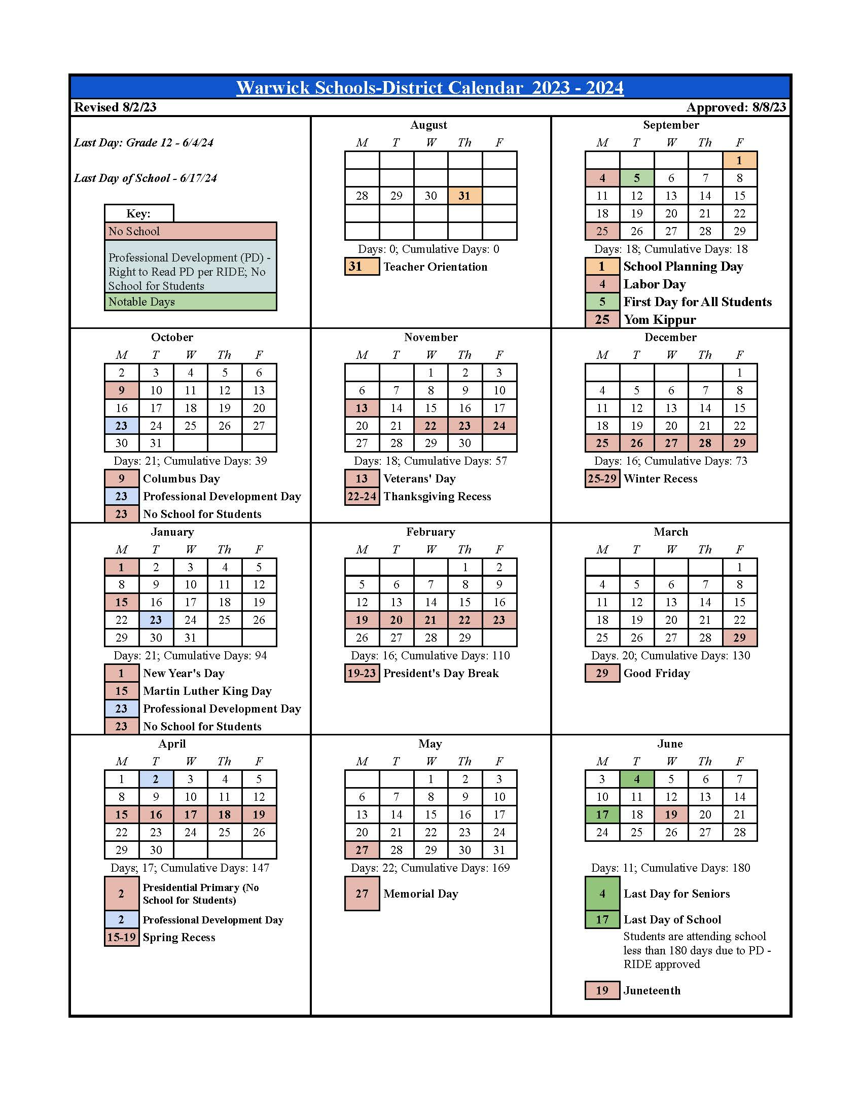 Calendar & Schedules Warwick Public Schools