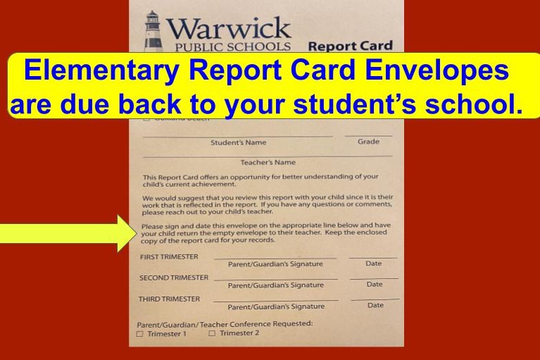 Elementary Report Card Envelopes due back to schools flyer