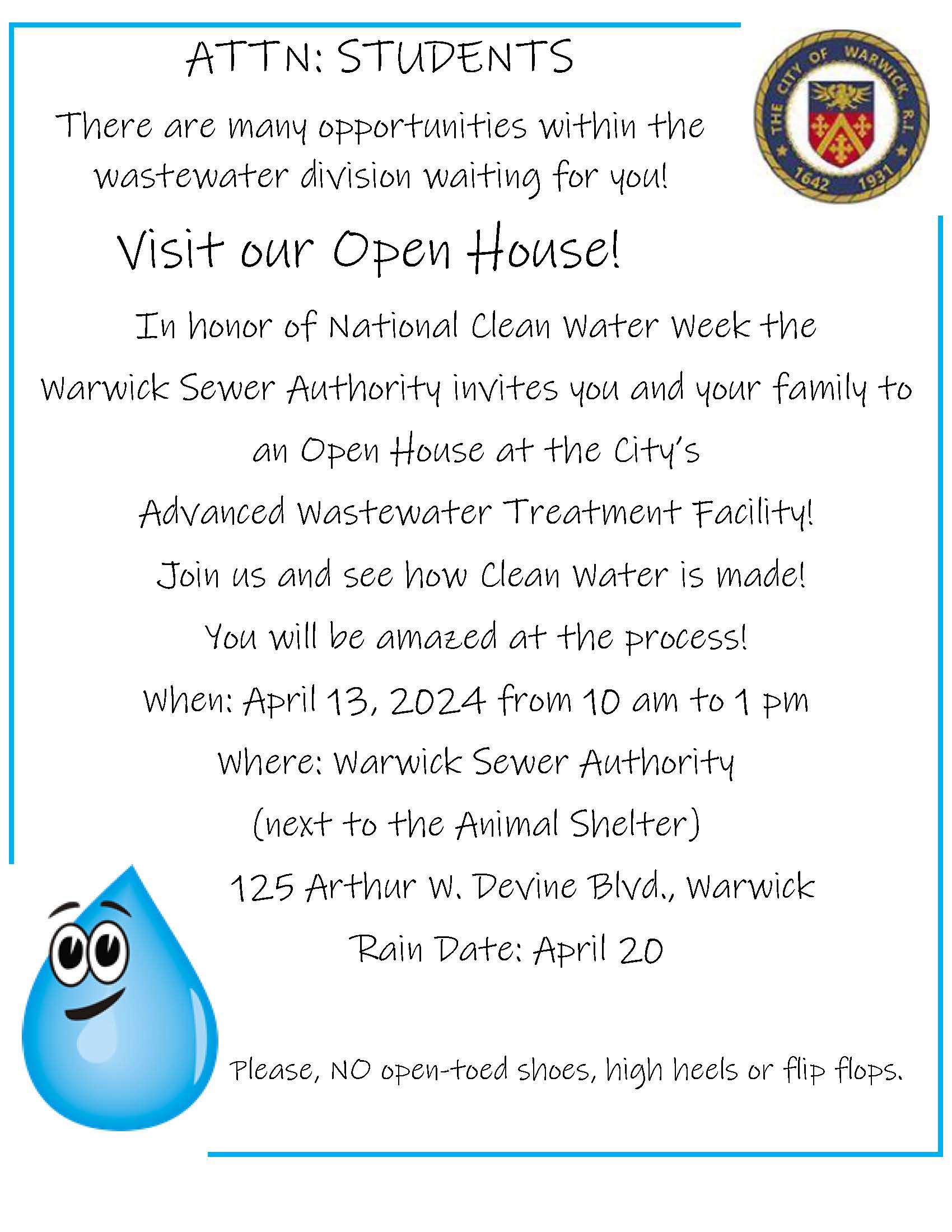 Warwick Sewar Authority Open House FLyer for students