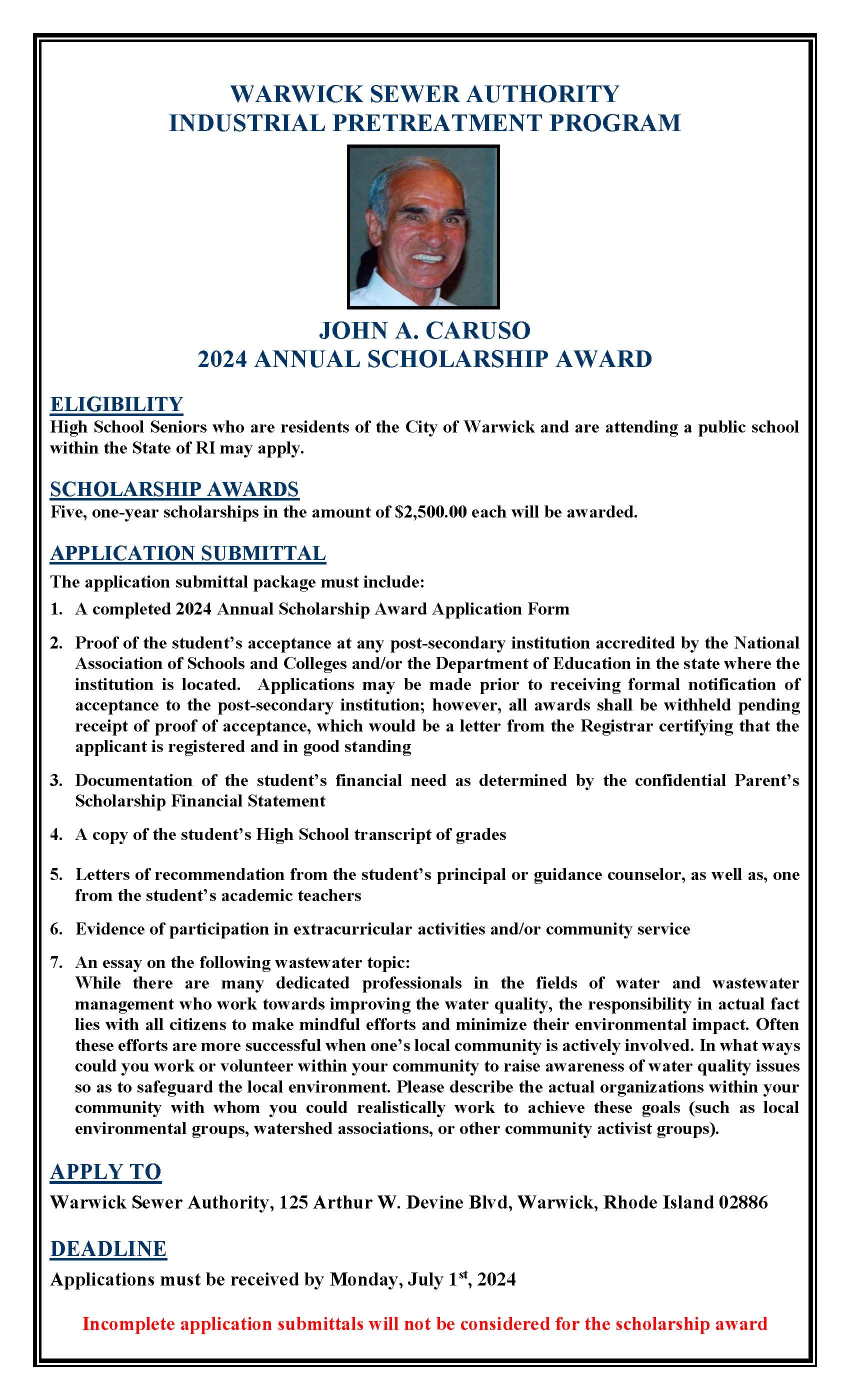 John A. Caruso Scholarship Award offered by the Warwick Sewer Authority Flyer