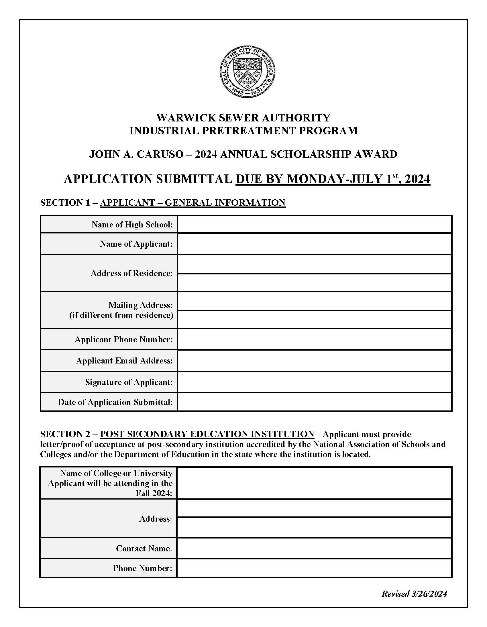 John A. Caruso Scholarship Award offered by the Warwick Sewer Authority Application Pg 1
