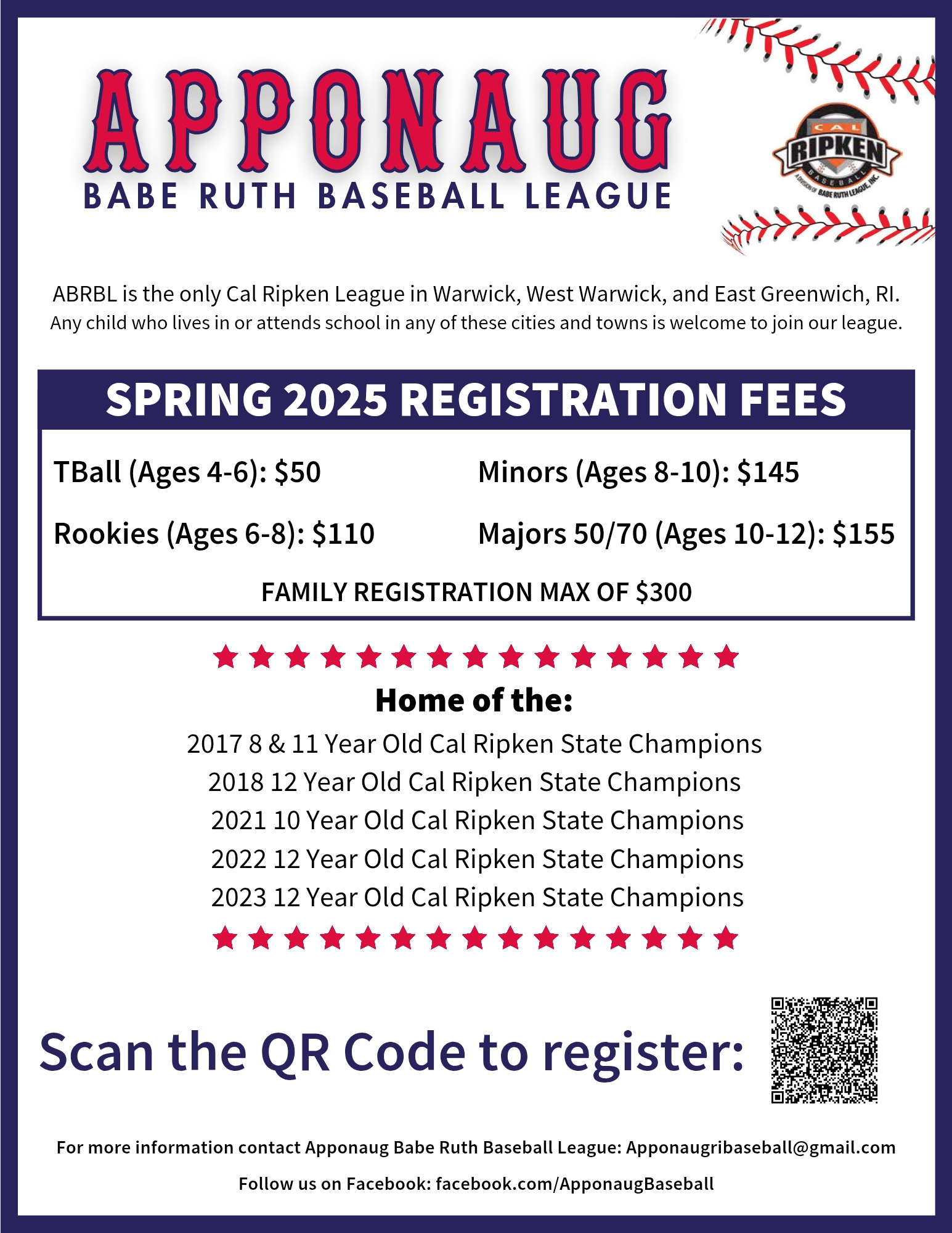 Apponaug Babe Ruth Baseball League Spring 2025 Registration Flyer