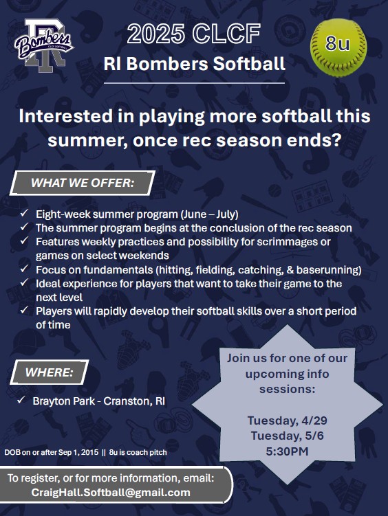 RI Bombers Softball 2025 Registration flyer