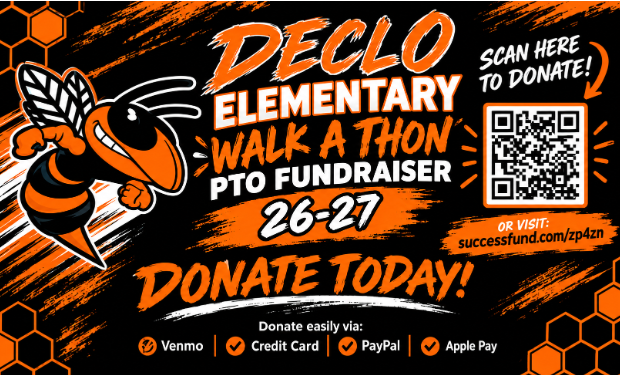 An advertisement for Declo Elementary PTO fundraiser, featuring a bee, dates 26-27, and donation options.
