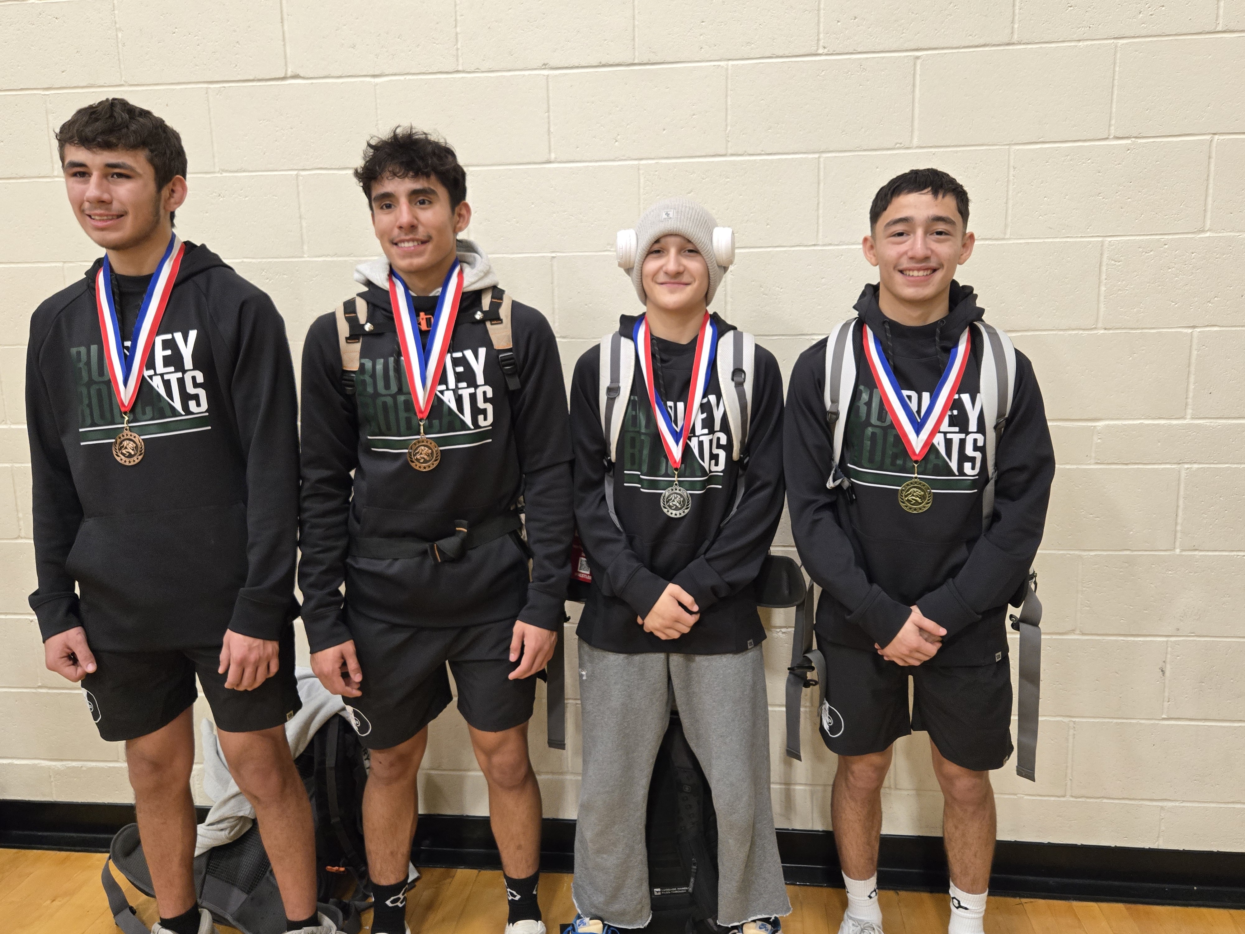 Tim Matthews Varsity Placers left to right Landon Orthman 3rd place, Nicolas Chavez 3rd place, Kian Kanekoa 2nd place, Tristan Vega Champion