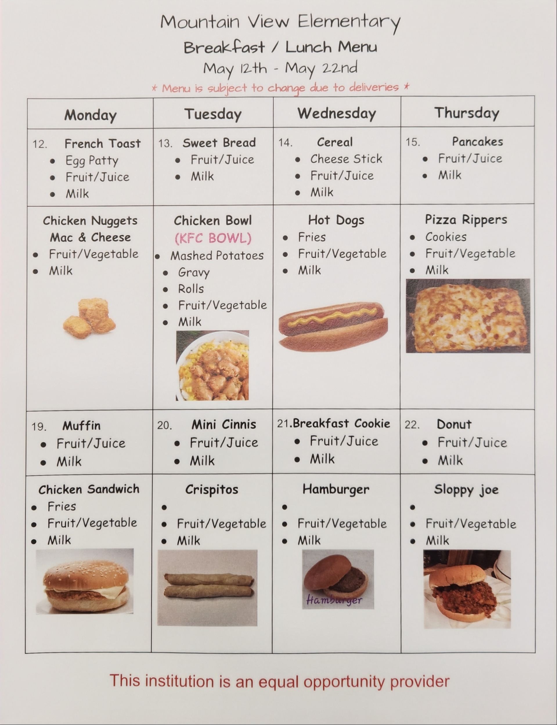 menu for this week