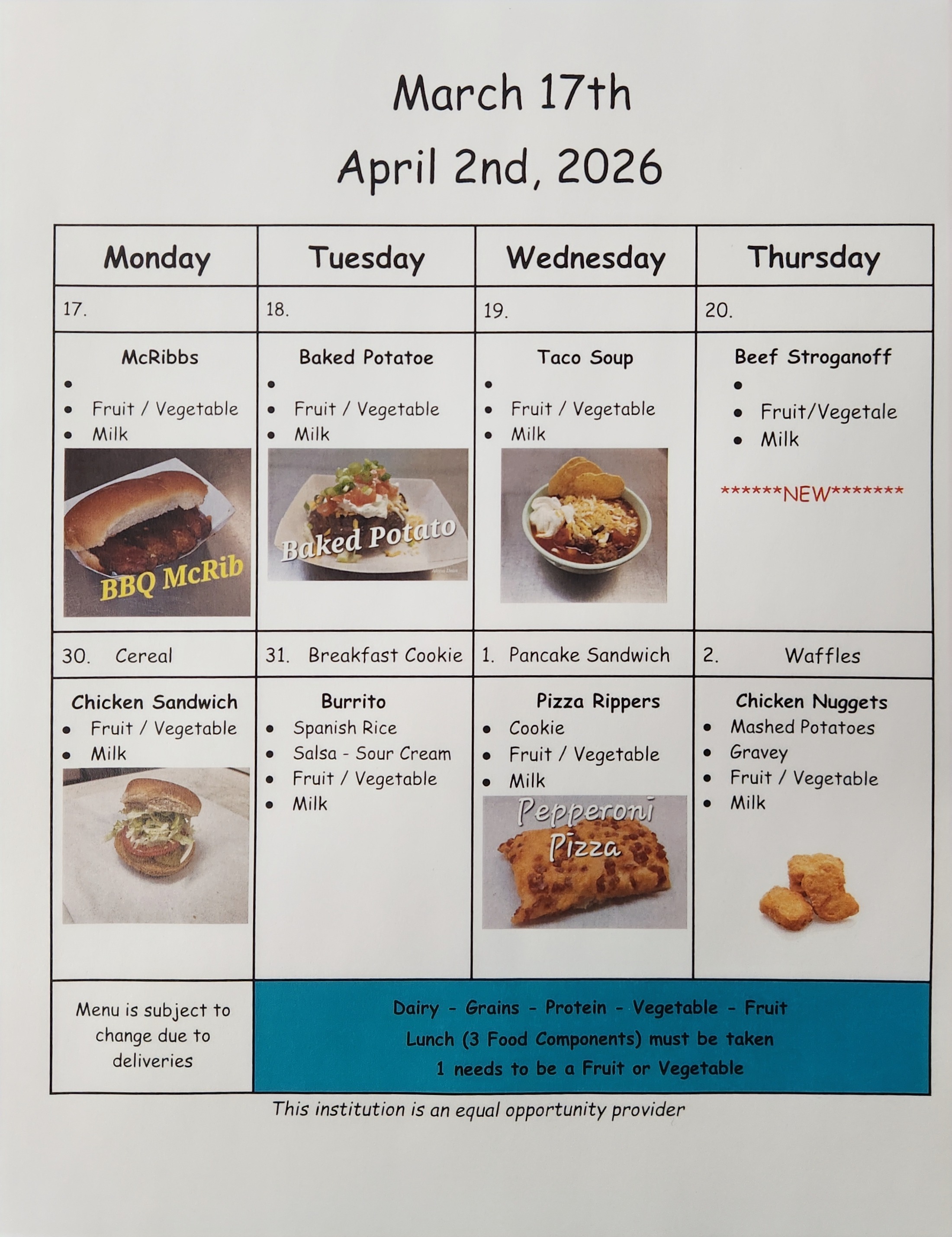 menu for this week