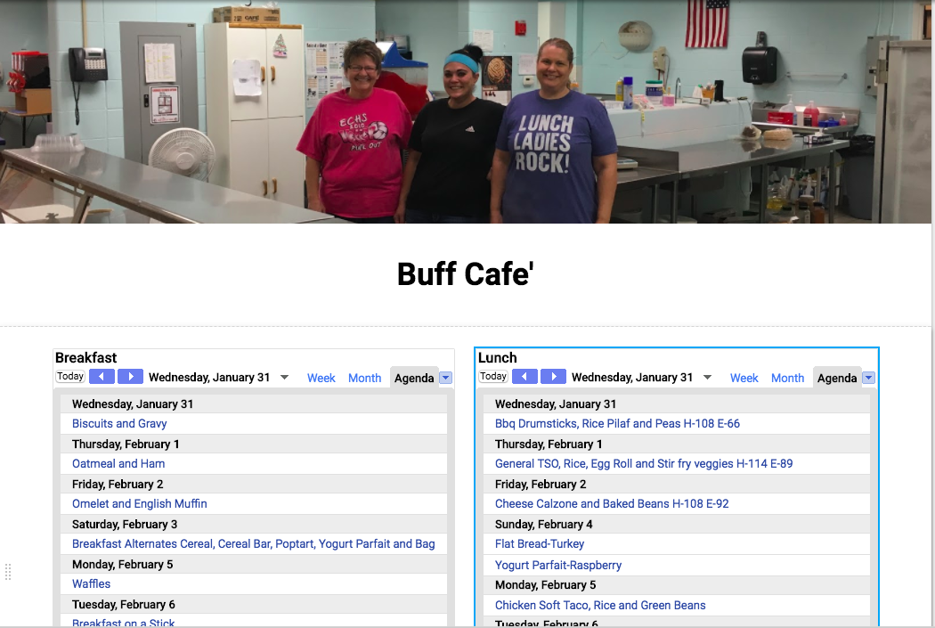 Buff Cafe' Breakfast & Lunch Calendar