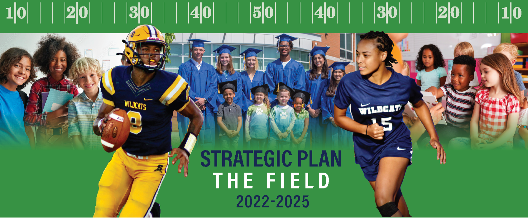Strategic Plan Header 2022 incudes photos of a football player, a female soccer player, and senior students standing with preschool students