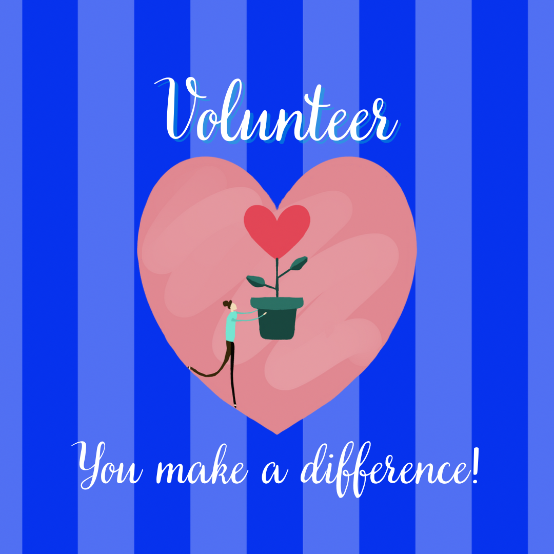 blue background pink heart volunteer