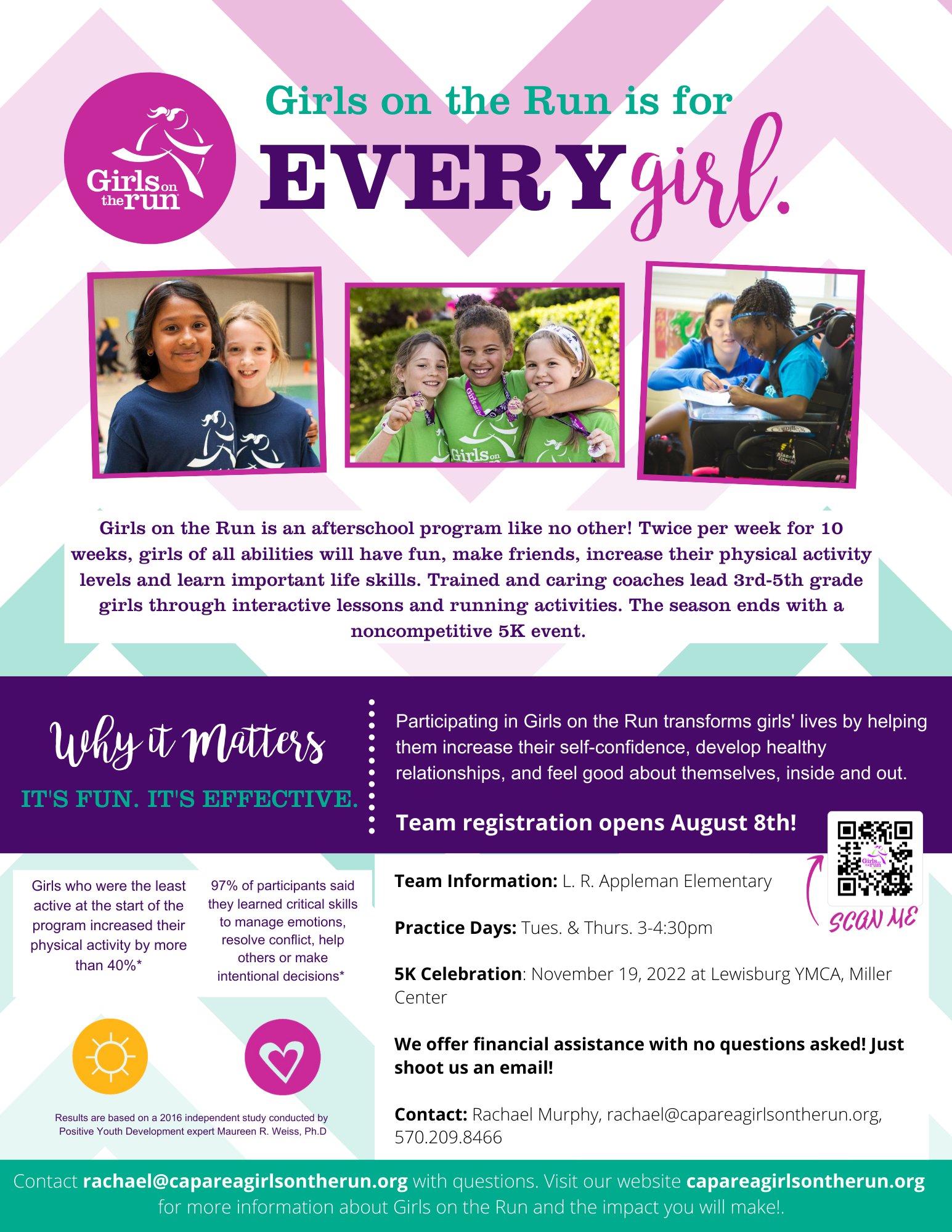 Girls on the Run flyer advertising signup information and details on the various activities students can participate in.