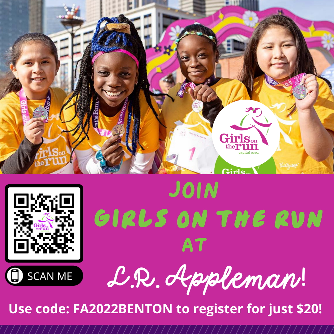 Flyer for joining Girls on the Run at LR Appleman school.  Use code: FA2022BENTON to register for $20.