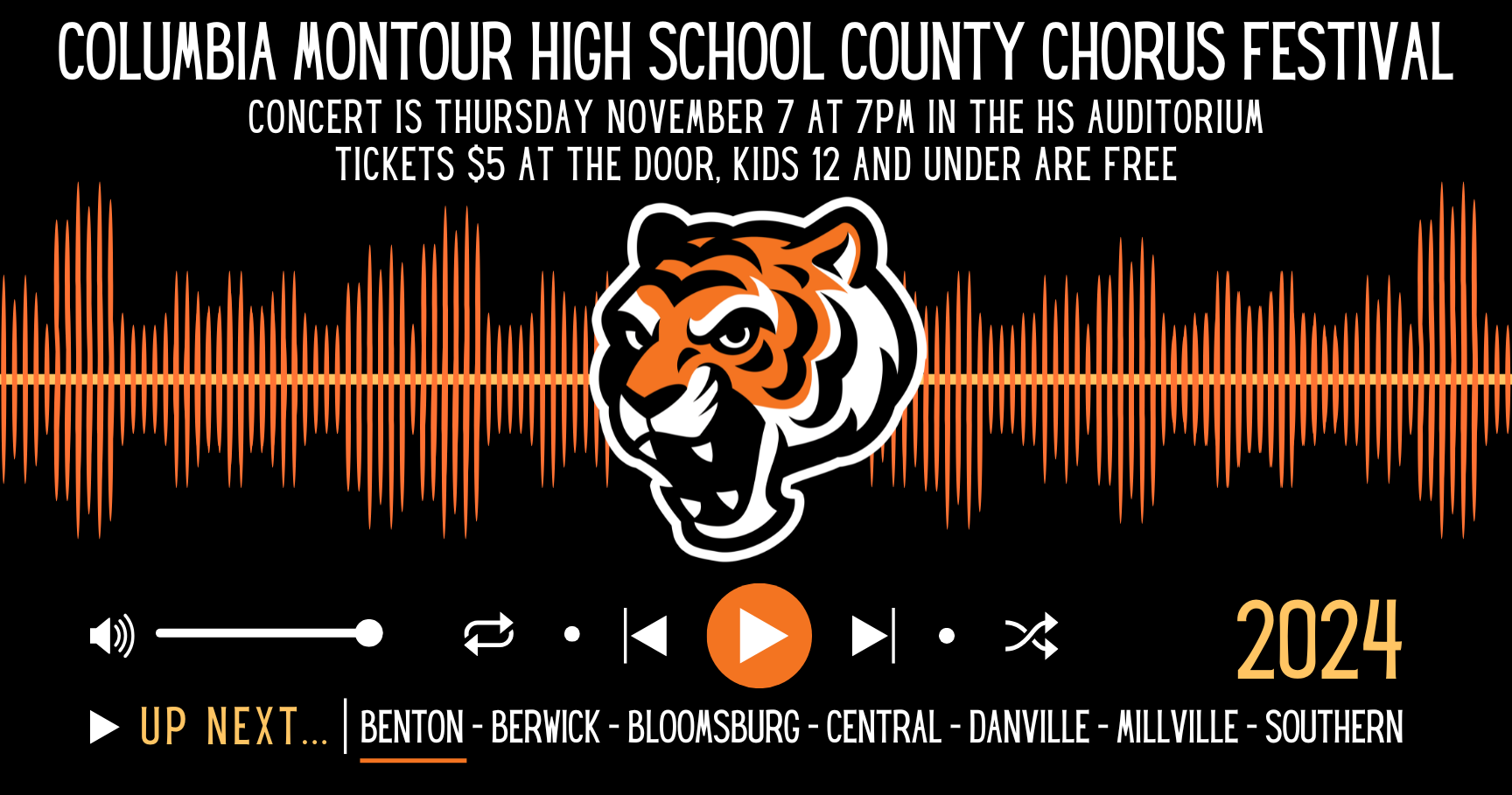 Columbia Montour High School County Chorus Festival - Concert is Thursday November 7 at 7pm in the HS Auditorium.  Tickets are $5 at the door, kids 12 and under are free.  Participating schools: Benton, Berwick, Bloomsburg, Central, Danville, Millville, and Southern.