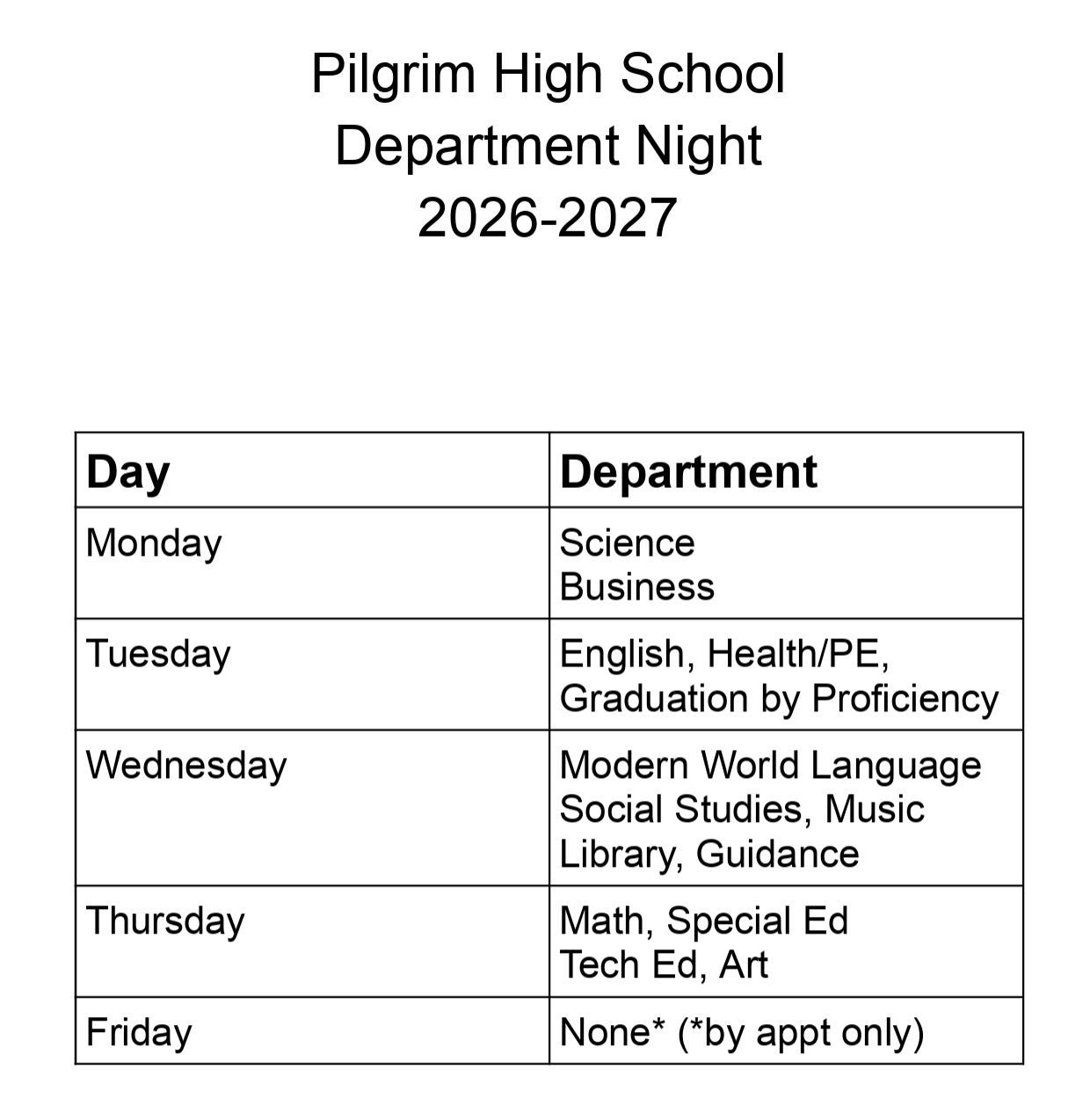 List of the 2026-2027 department nights
