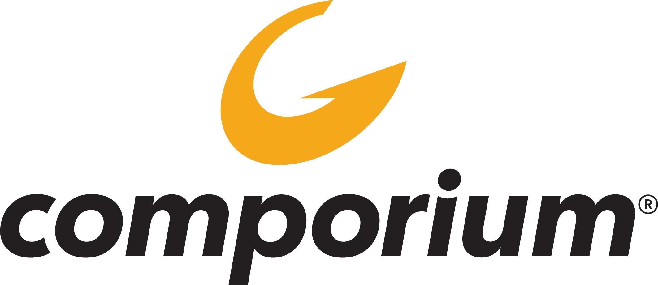 Logo for Comporium, featuring a yellow 'G' symbol above the word 'Comporium' in black.