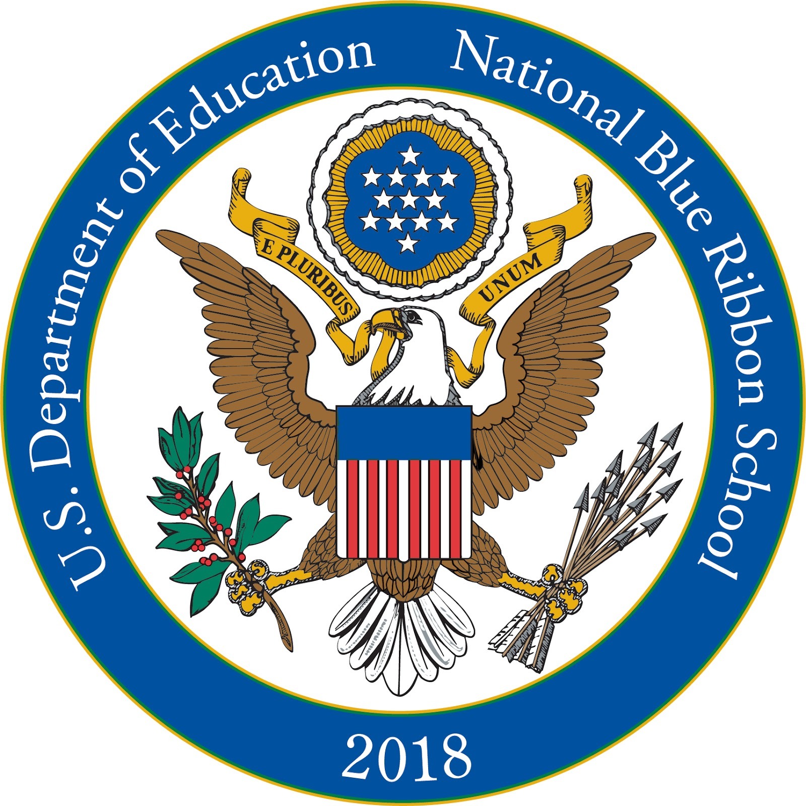 Emblem for the US Department of Education National Blue Ribbon School in 2018, featuring an eagle, shield, and wheat.
