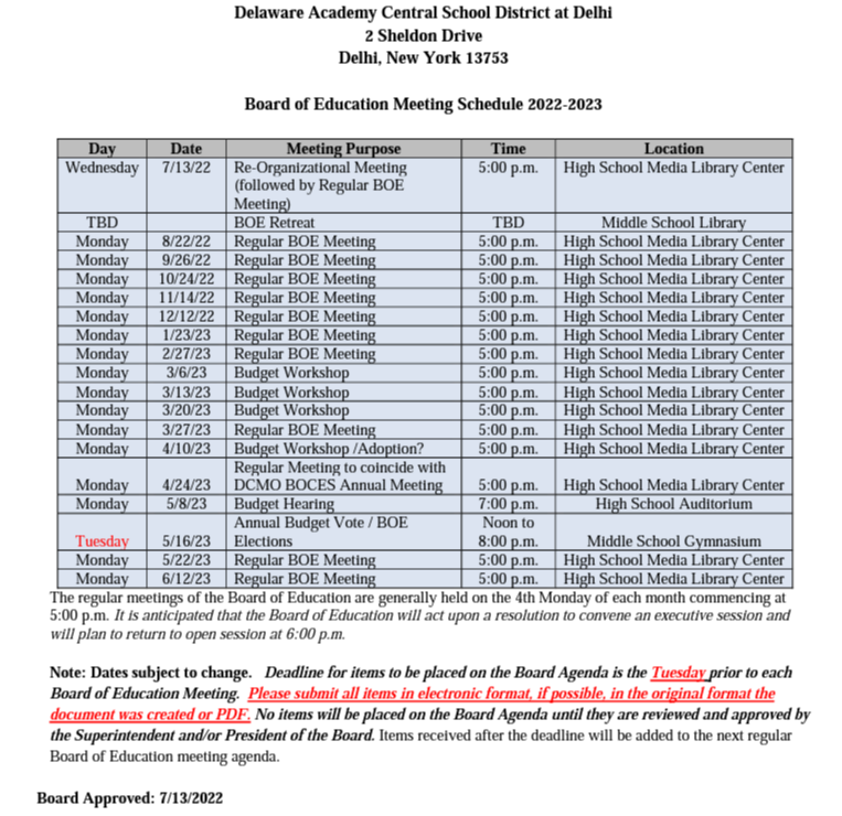 2021-22 Delaware Academy Board of Education meeting Schedule 