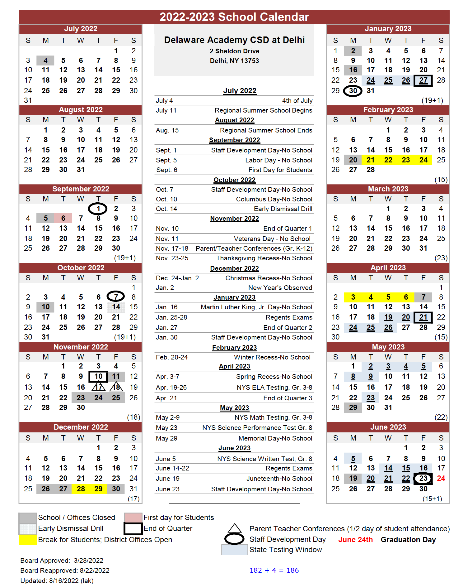Academic Calendar Delaware Academy CSD at Delhi
