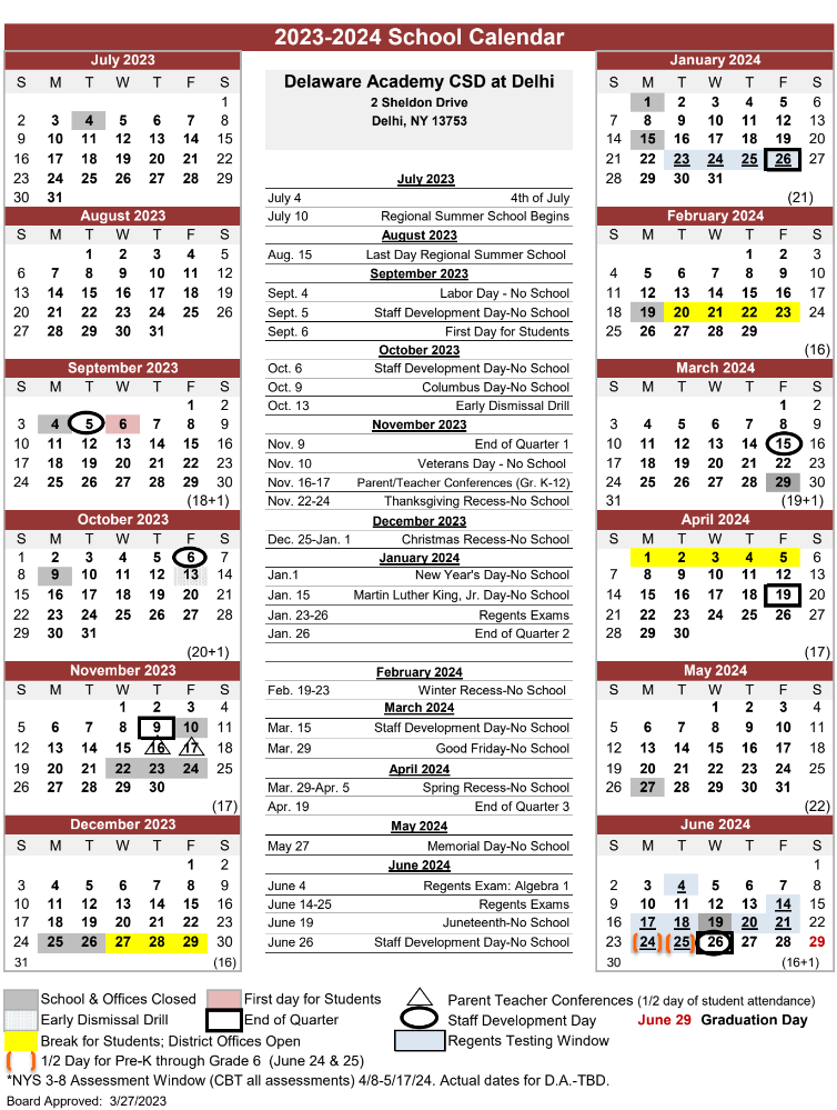 Academic Calendar Delaware Academy CSD at Delhi