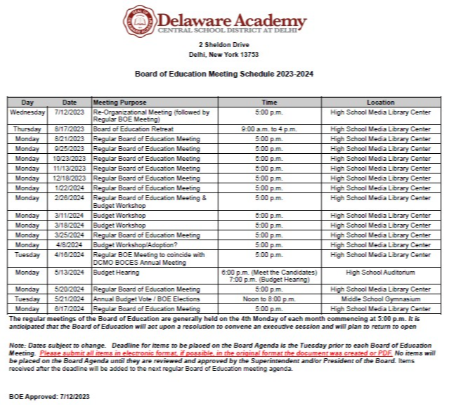 2023-24 Delaware Academy Board of Education meeting Schedule 
