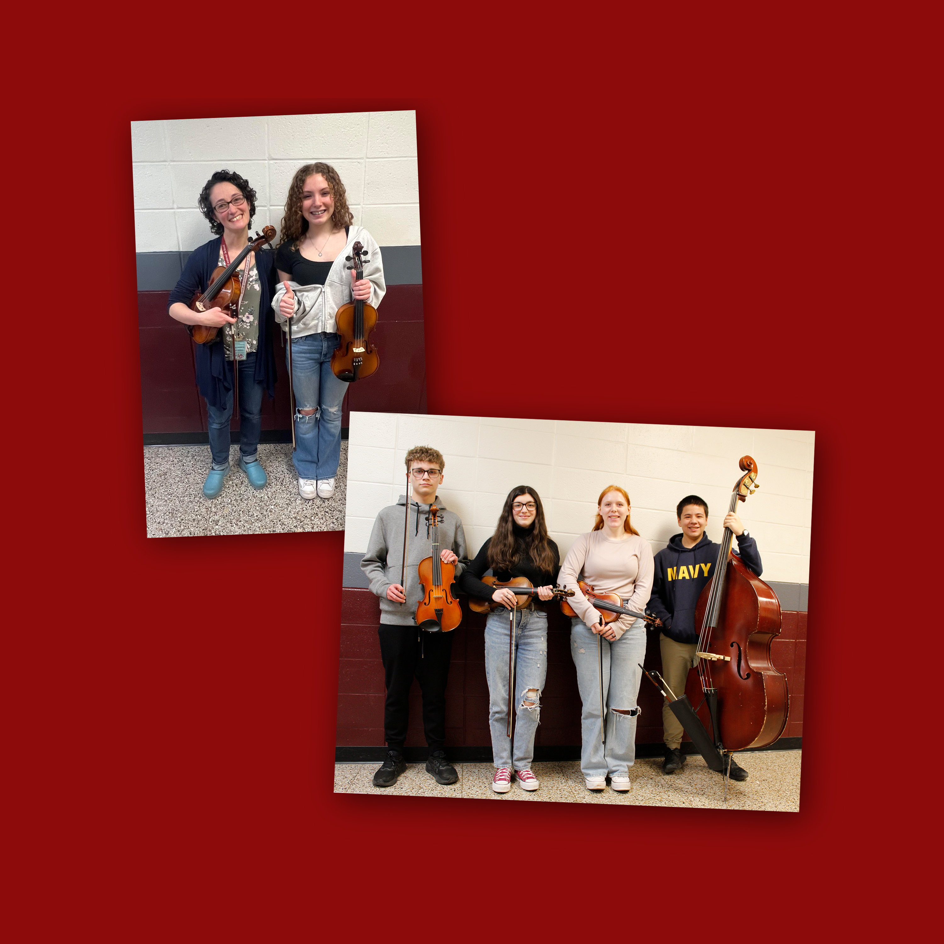 one adult music teacher and 5 orchestra students holding string instruments
