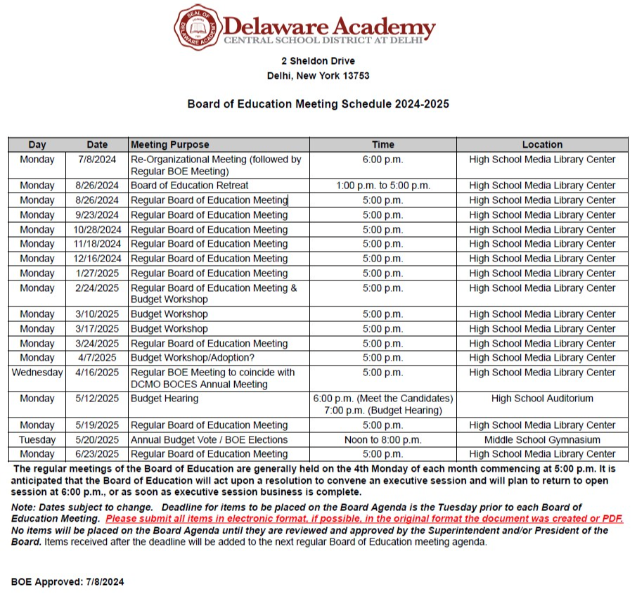 2024-2025 Delaware Academy Board of Education Meeting Schedule 