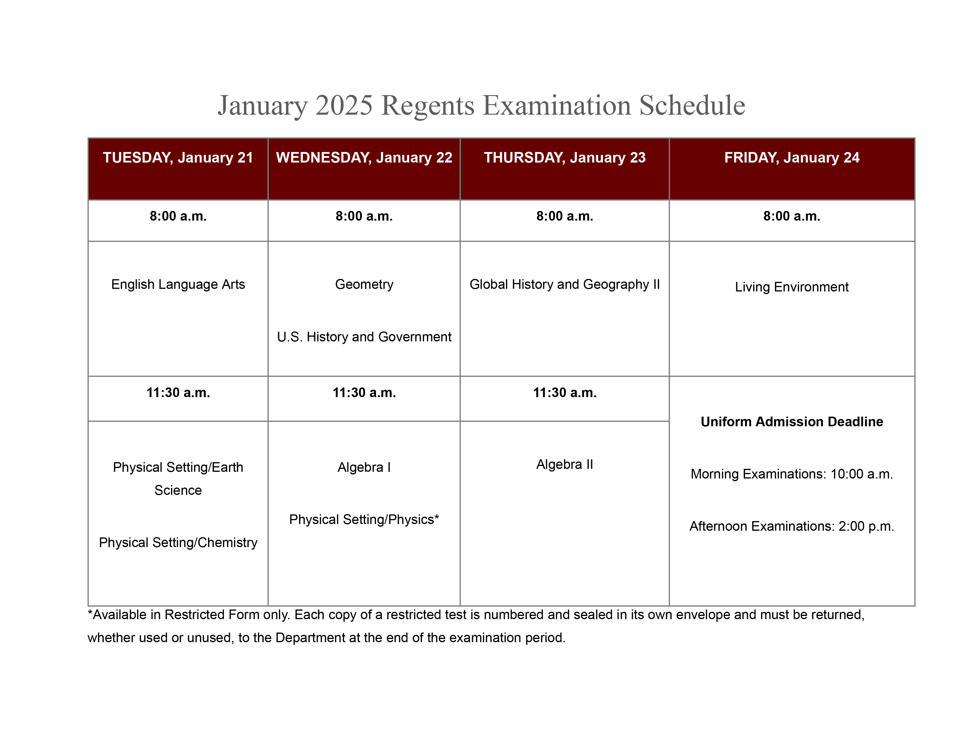 Regents Schedule January 2025