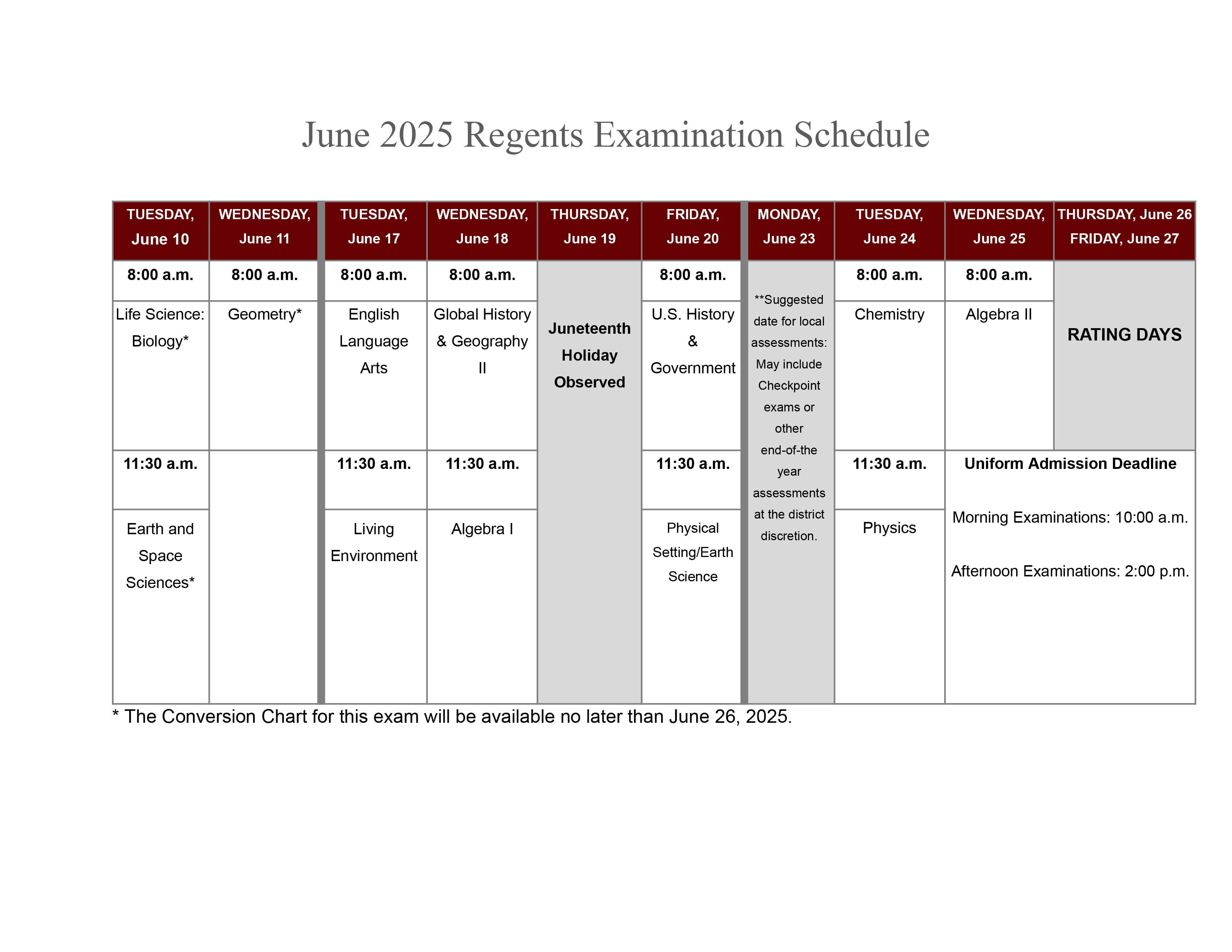 Regents Schedule June 2025
