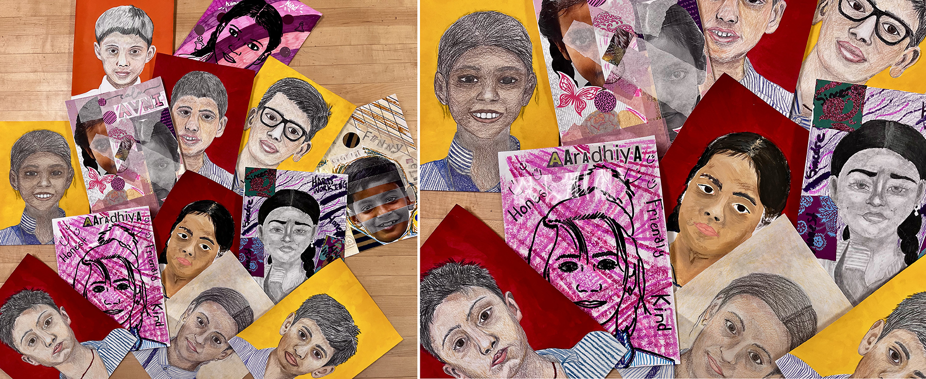 an arrangement of student-drawn portraits