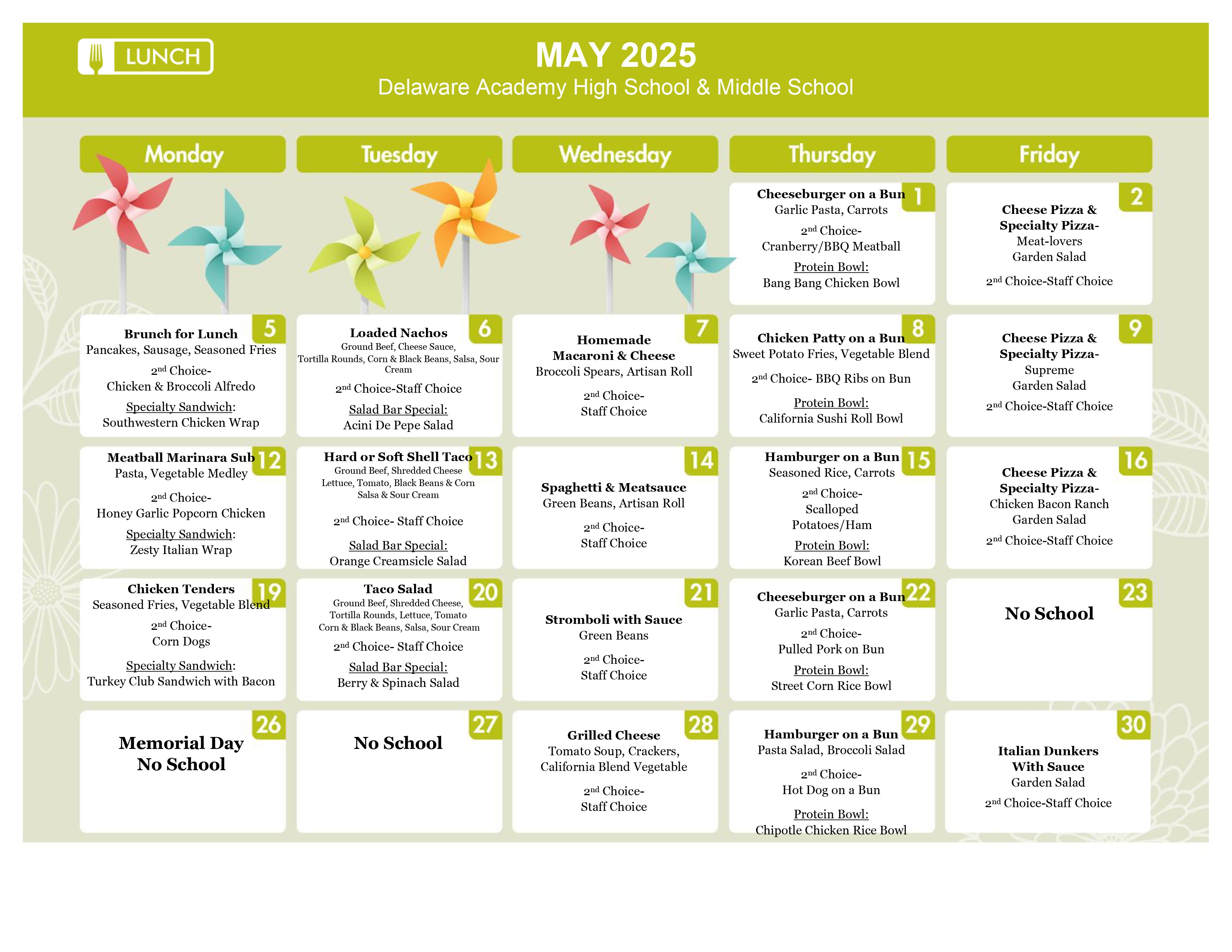 high school menu - please go to scannable pdf