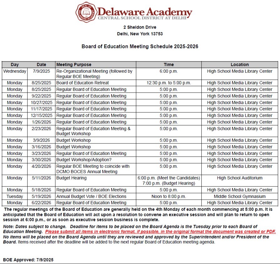 2025-2026 BOE Meeting Schedule