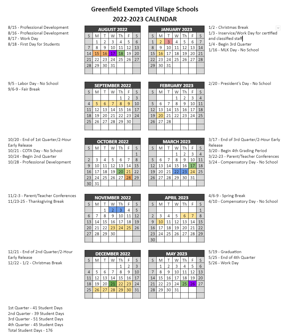 District Calendar Greenfield Exempted Village School District