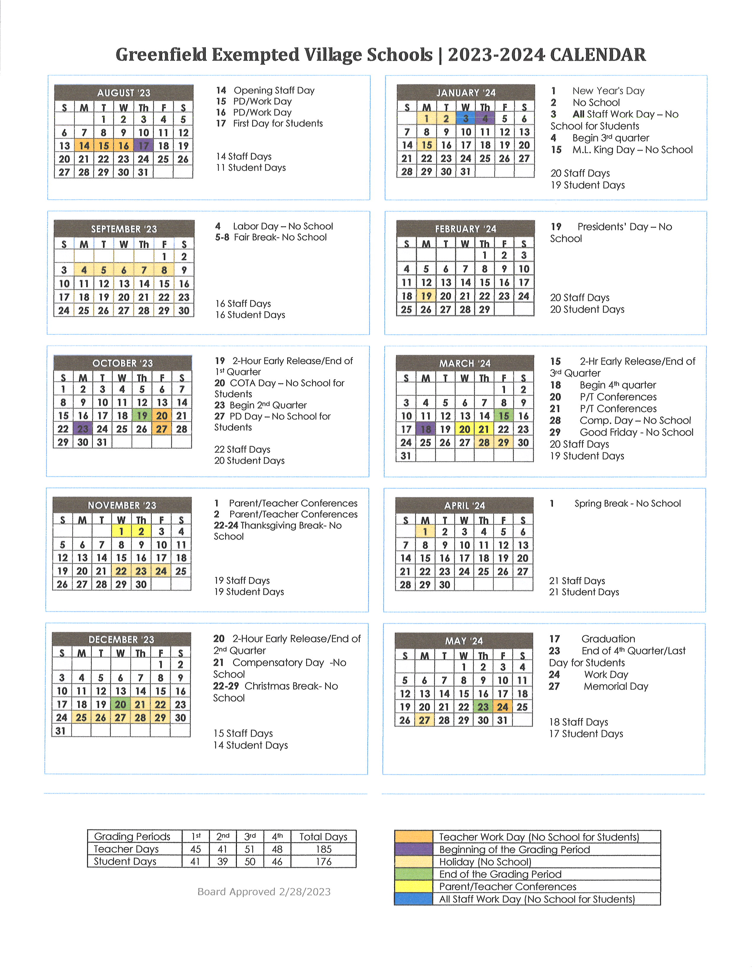 District Calendar | Greenfield Exempted Village School District