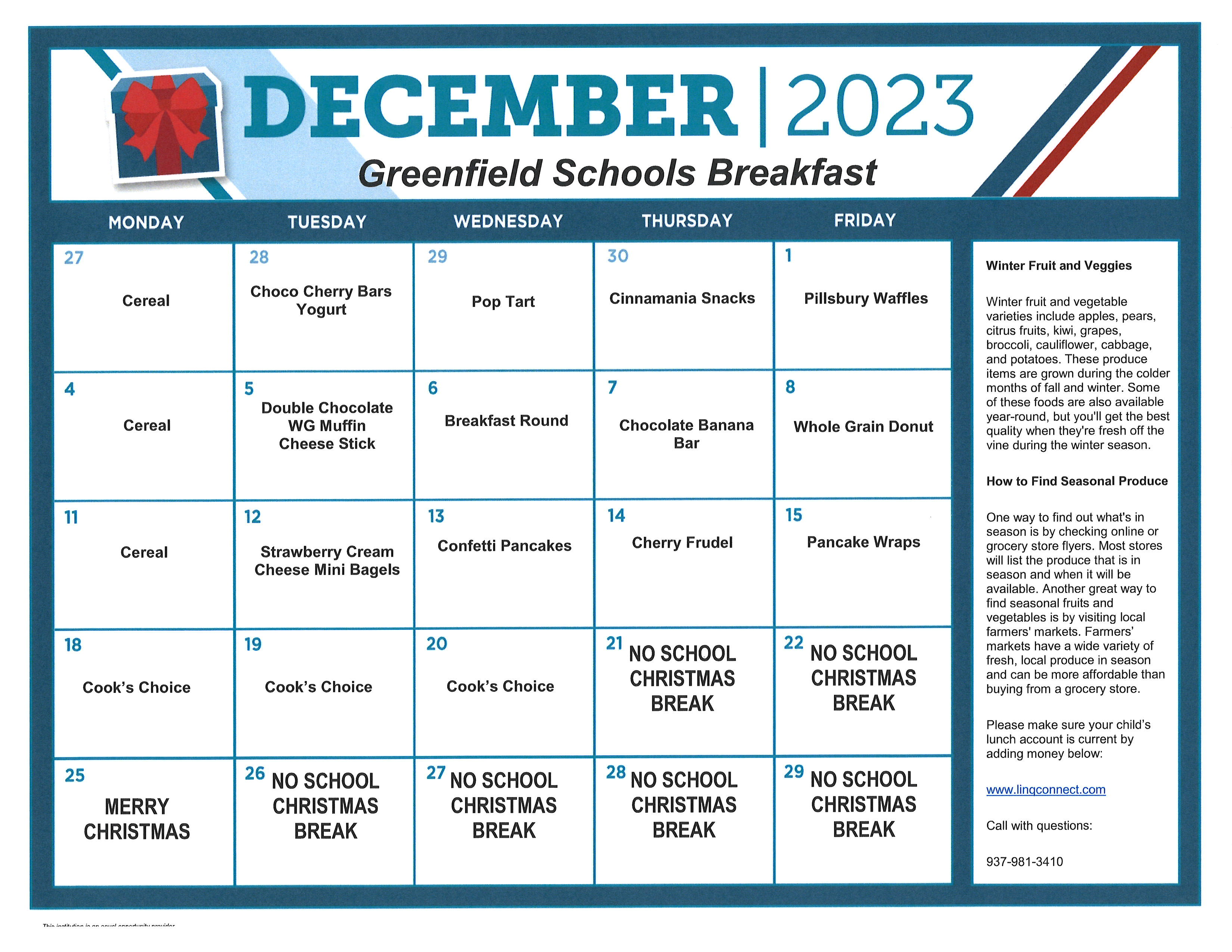 Menus Greenfield Exempted Village School District