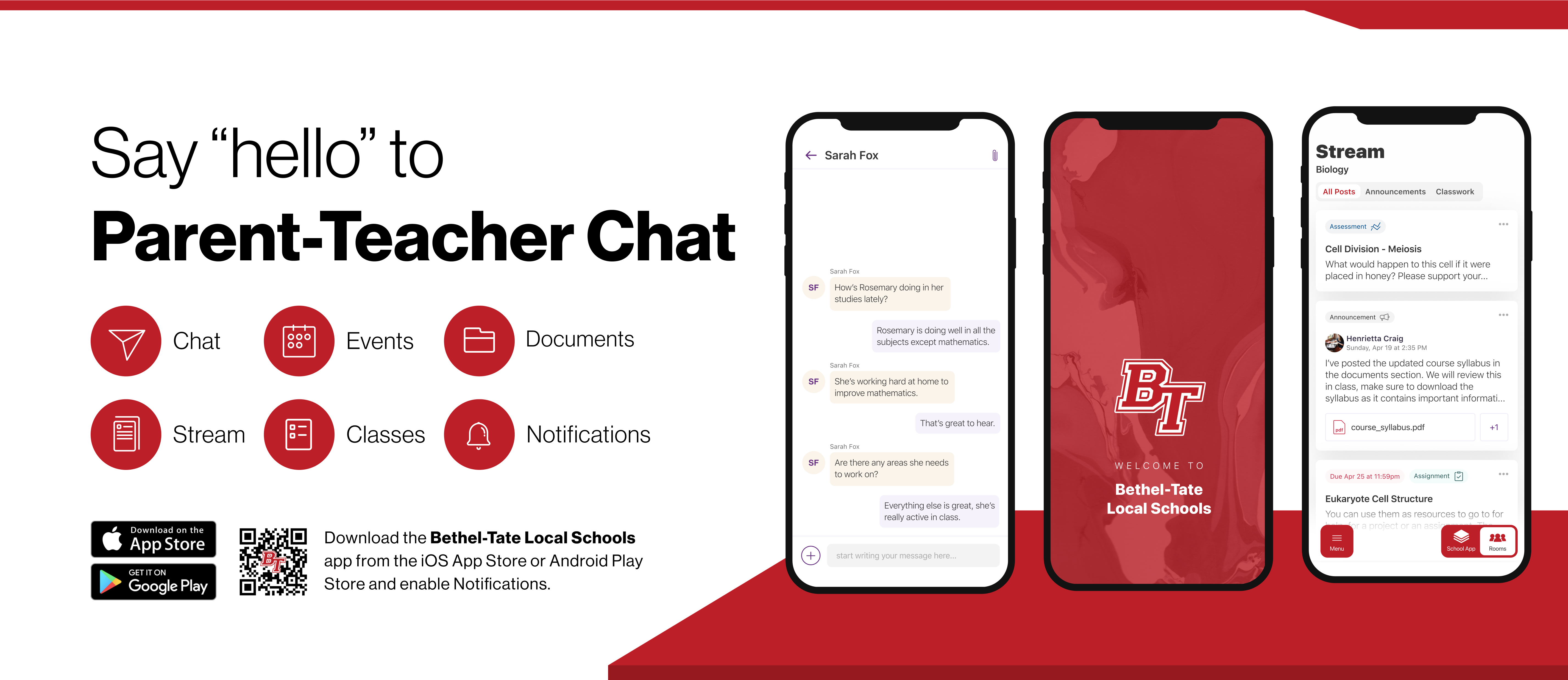 Say hello to Parent-Teacher chat in the new Rooms app. Download the Bethel-Tate Local Schools app in the Google Play or Apple App store.