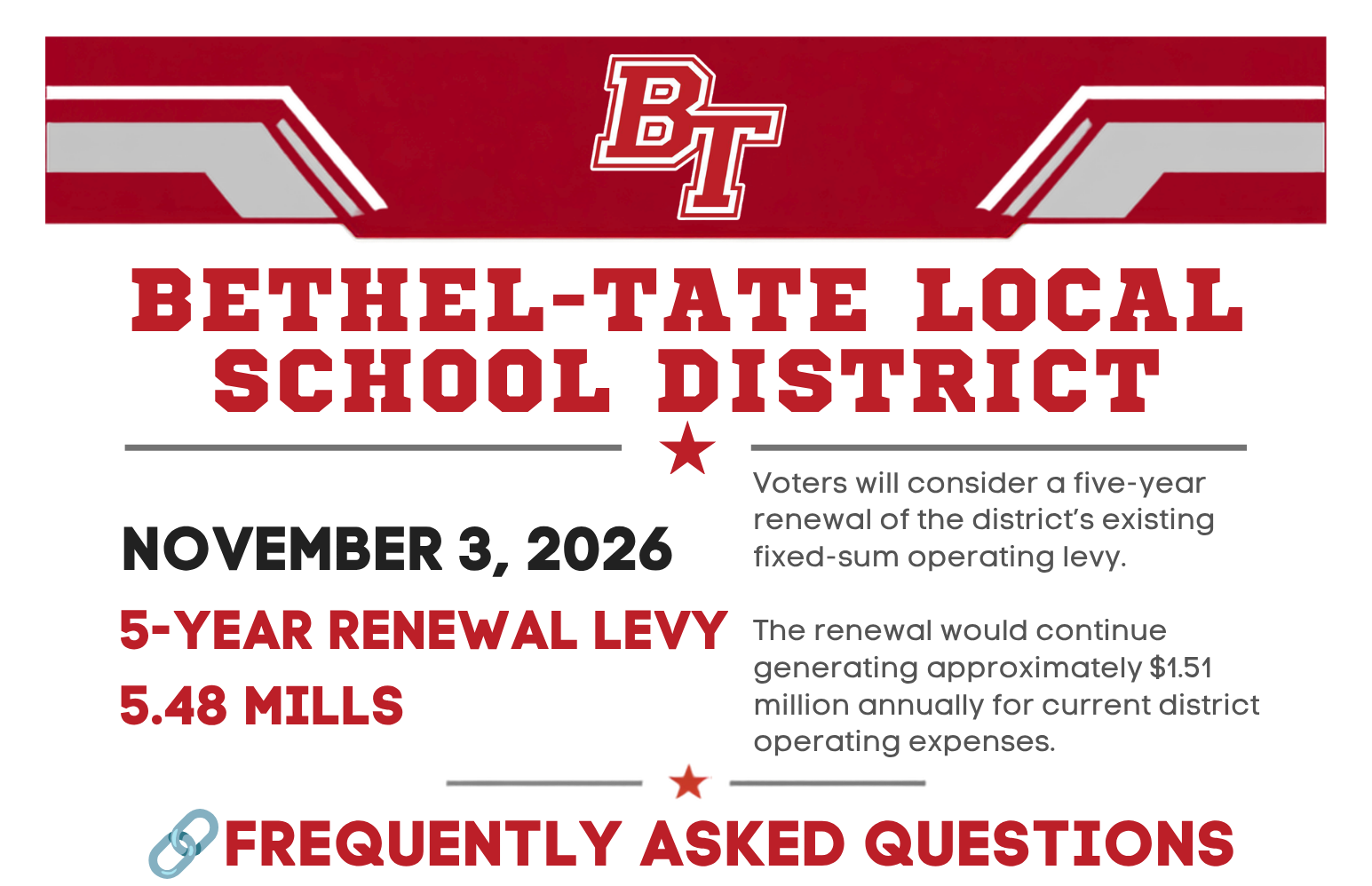 A graphic showing that the school district will have a renewal on the ballot with a link to an FAQ