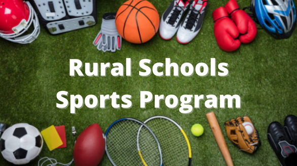 Rural School Sports Program with sports equipment around text