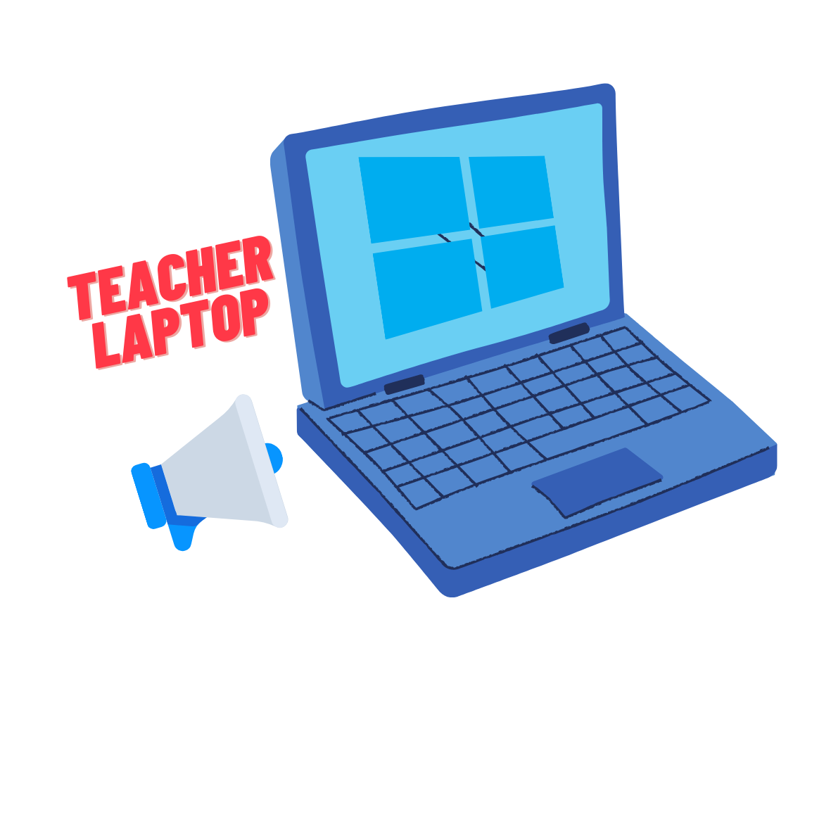 "teacher laptop" written and cartoon laptop