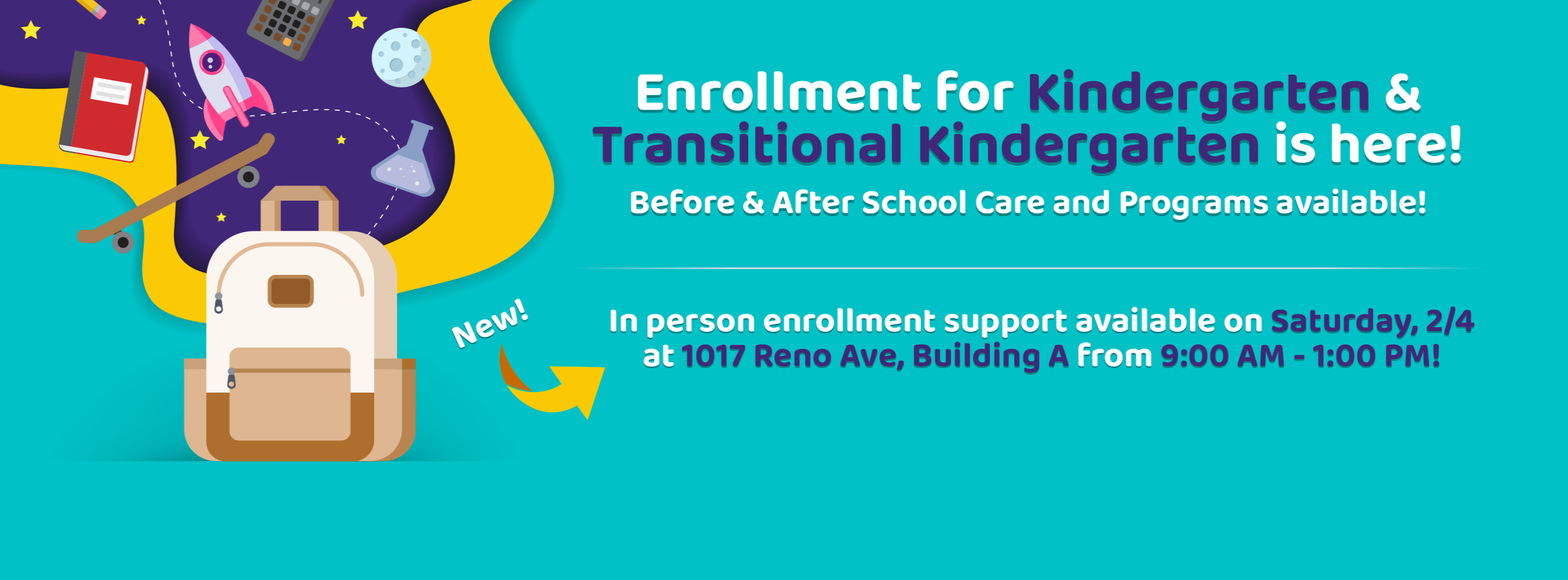 Home page banner advertising Kindergarten and Transitional Kindergarten enrollment for the 2023-2024 school year