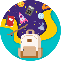 Curriculum and Programs thumbnail with a tan backpack and a yellow and purple background containing a skateboard, notebook, rocket ship, vial, moon, calculator, and a planet