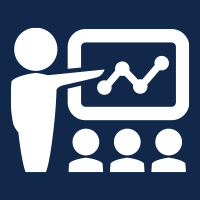 Icon of a teacher or presenter pointing at a screen with a graph, with three students in the foreground