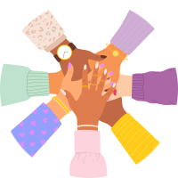 Icon of flat cartoon illustration of a stack of women's hands of different nationalities. The concept of support, unity, teamwork, female power, sisterhood, feminist community.