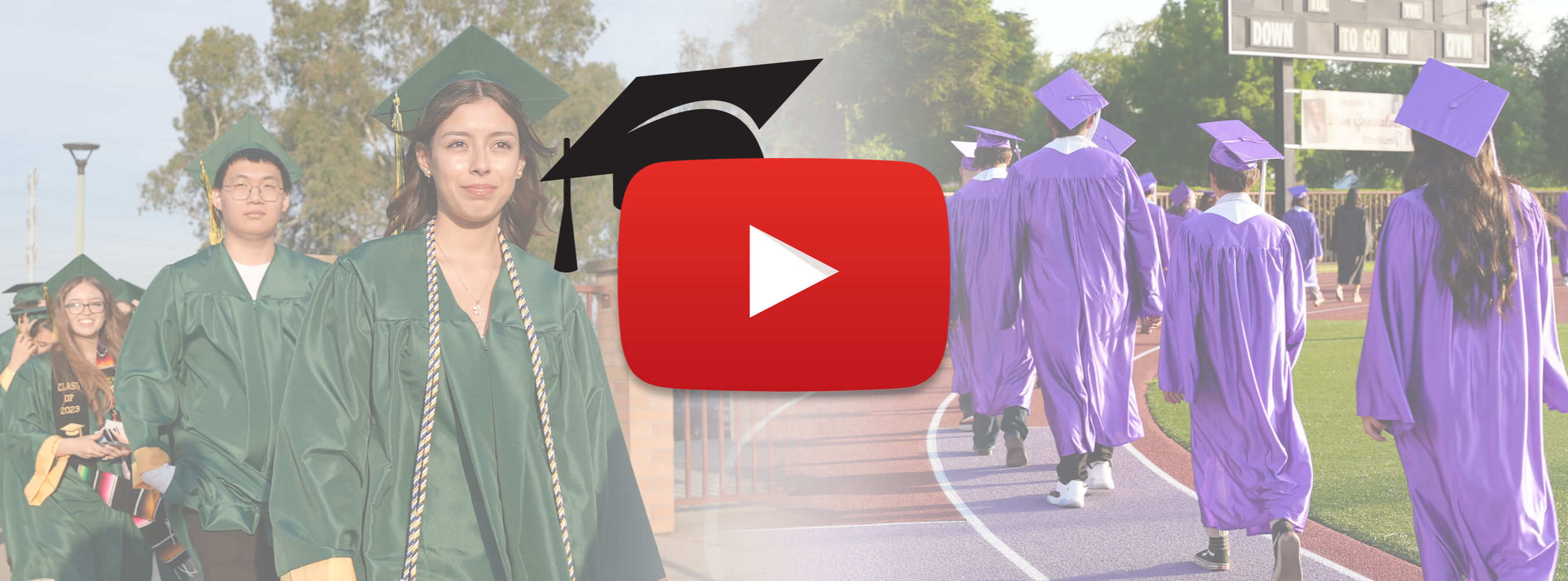 Banner of YouTube button with graduation cap. Modesto City Schools students walking with their gowns.