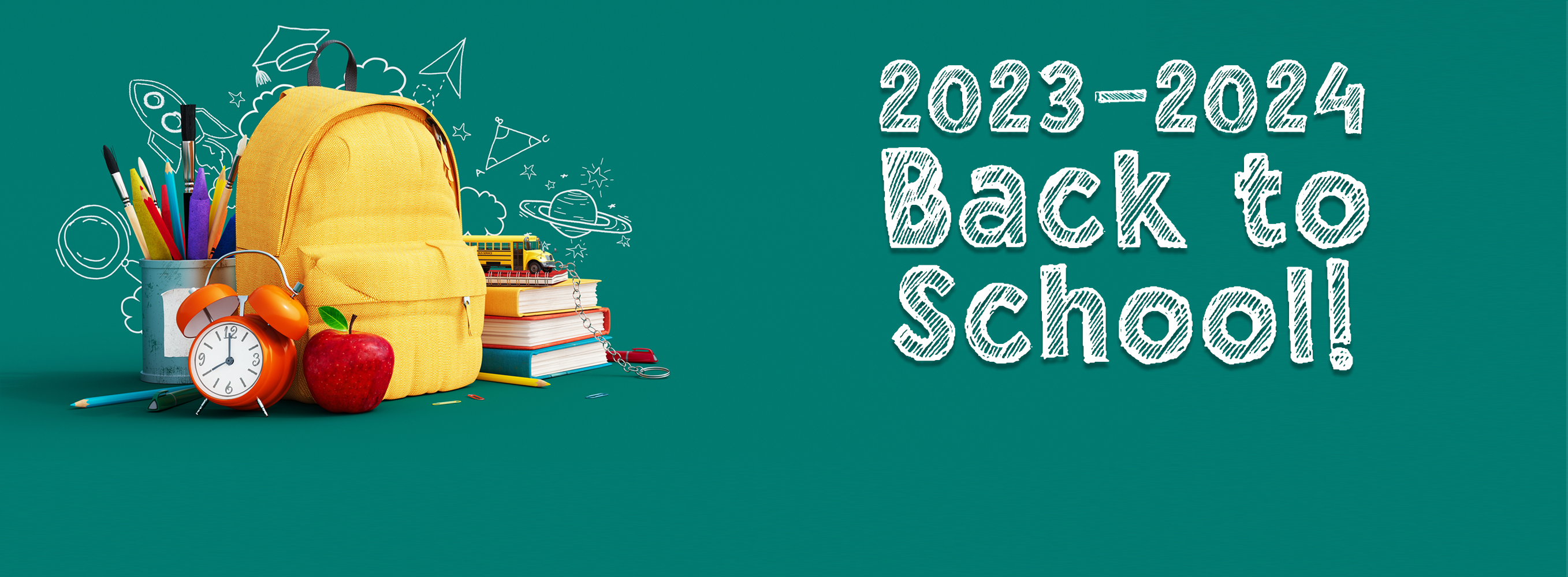 Back to School 2023-2024 Gallery Banner including a yellow backpack with books