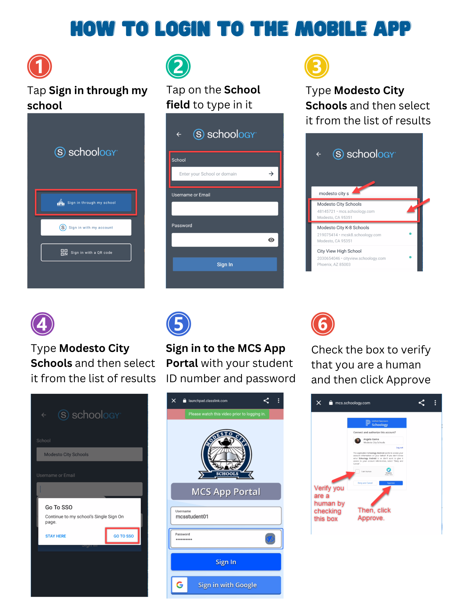 Instructions to login to Schoology mobile app