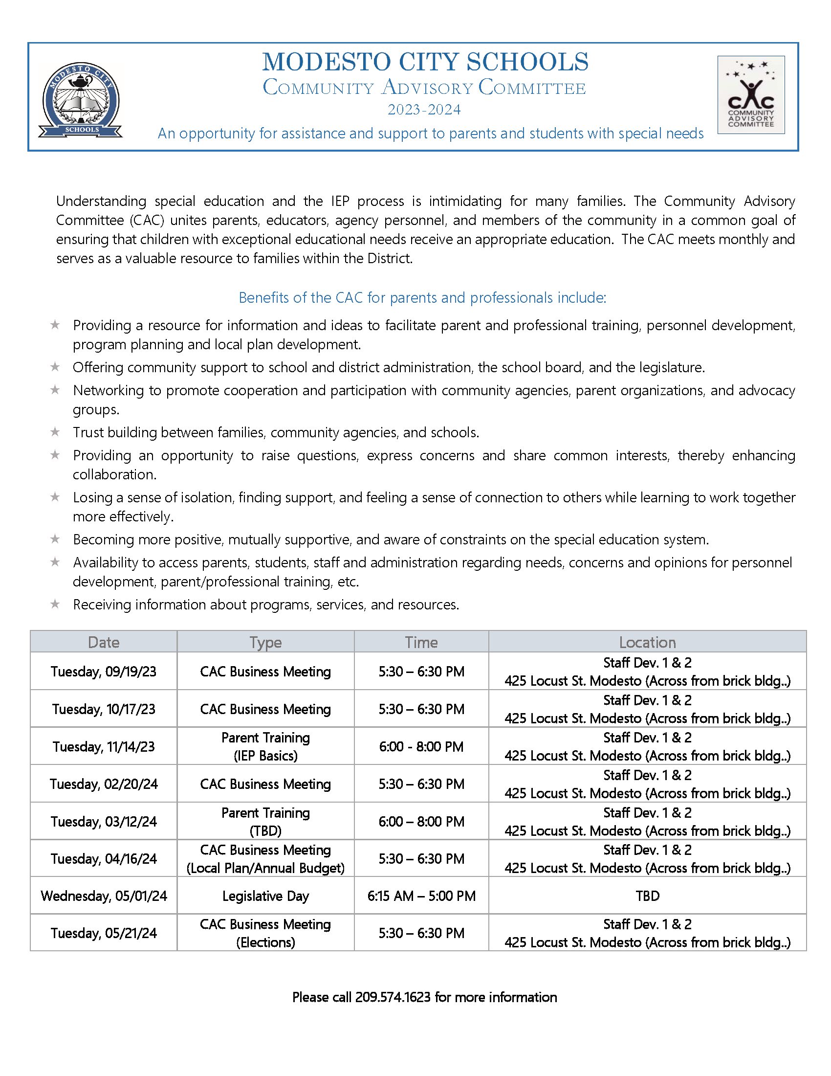 CAC Calendar Modesto City Schools