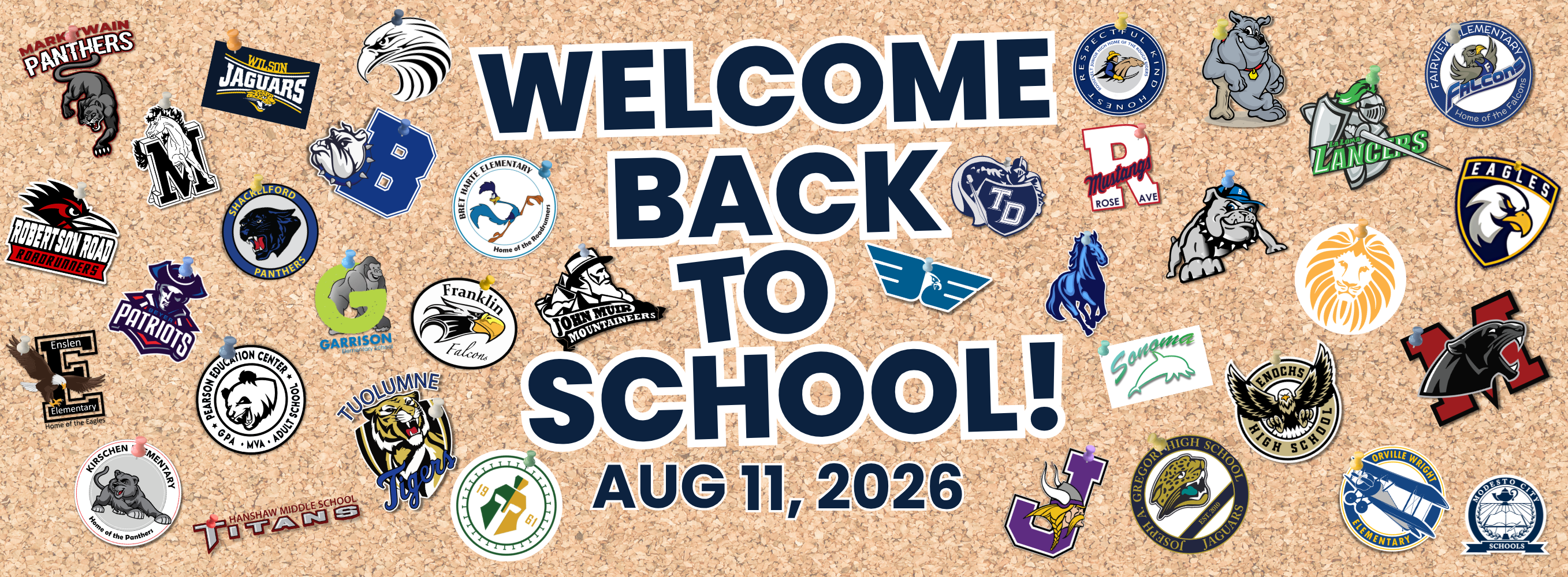 Welcome Back to School banner with all school logos pinned on the bulletin board