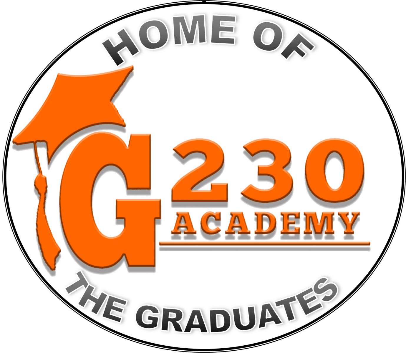 G230 Orange Text and Black Border and sub text Home of the Graduates Logo